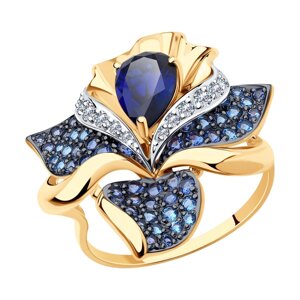 Кольцо SOKOLOV из золота с синим корундом и бесцветными, голубыми и синими фианитами