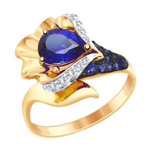 Кольцо SOKOLOV из золота с синим корундом (синт.) и бесцветными и синими фианитами