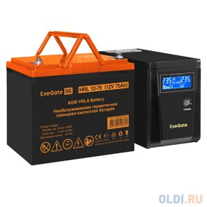 Комплект ИБП EX295986RUS + батарея 75Aч EX285653RUS 1шт (инвертор, синус, для котла) ExeGate SineTower SZ-600. LCD. AVR. 1SH 600VA/360W, чистый синус