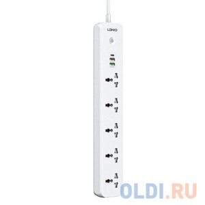 LDNIO SC5319/ сетевой удлинитель 2м/ 5 розеток eu_uk_us/ 2500W/ 3 USB: QC 3.0+PD 3.0 38W/ white