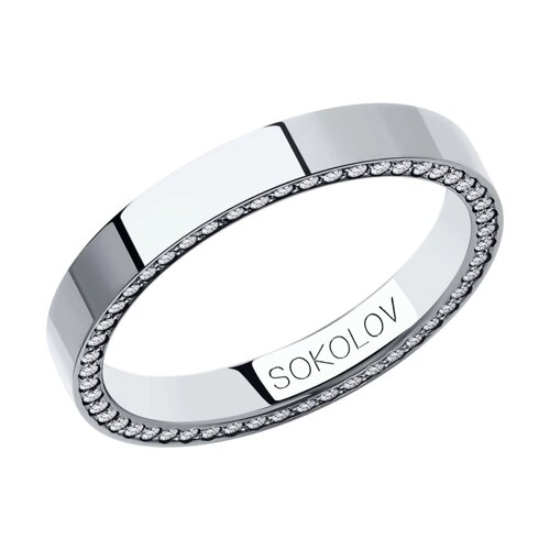 Обручальное кольцо SOKOLOV из белого золота с фианитами, comfort fit, 3 мм