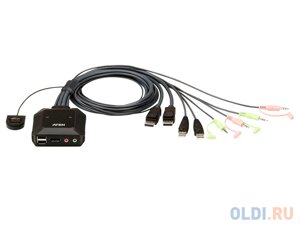 Переключатель KVM ATEN (CS22DP-AT|KVM, 1 user USB+displayport+AUDIO = 2 cpu USB+displayport+AUDIO, со встр. шнурами USB 2x1.2м., 2560x1600, нас