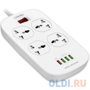 Perfeo LD_B4435 LDNIO SC4407Q/ Сетевой фильтр 2м/ 4 розетки EU_UK_US/ 2500W/ 4 USB+QC 3.0/ Выкл. на розетки/ White