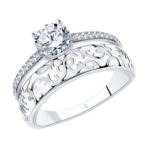 Серебряное кольцо с фианитами и белой эмалью SOKOLOV
