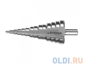 Сверло STAYER MASTER ступенчатое по сталям и цвет. мет., сталь HSS, d=4-12мм,5ступ. d 4-6-8-10-12,L-65мм, шестигран. хвост. 1/4