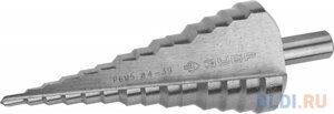 Сверло ЗУБР ступенчатое по сталям и цвет. мет. ст. Р6М5, d=4- 39мм, 14ступ. d=4-39, L -113 мм, трехгран. хв. 10мм