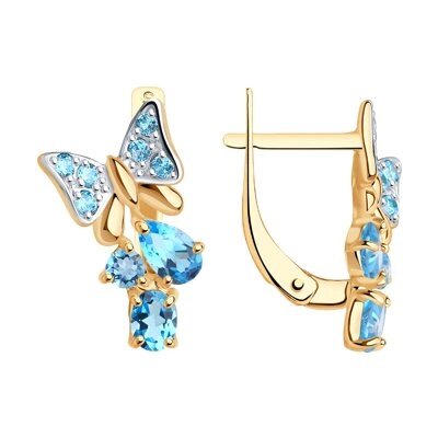 Золотые серьги «Бабочки» с голубыми топазами и голубыми фианитами SOKOLOV
