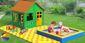 Детский домик LKids для дачи и сада (с покрытием и песочницей) зелено-оранжевый