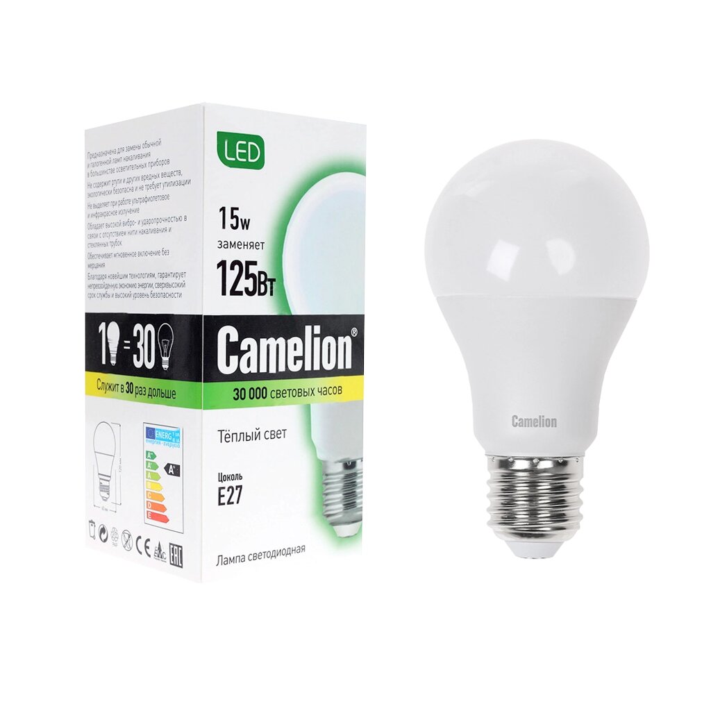 Эл. лампа светодиодная Camelion LED15-A60/830/E27, Тёплый от компании icopy - фото 1