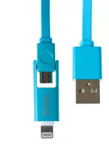 Кабель Olmio USB 2.0 - microUSB/Apple 8pin, 2-в-1, 1м, 2.1A, голубой, плоский