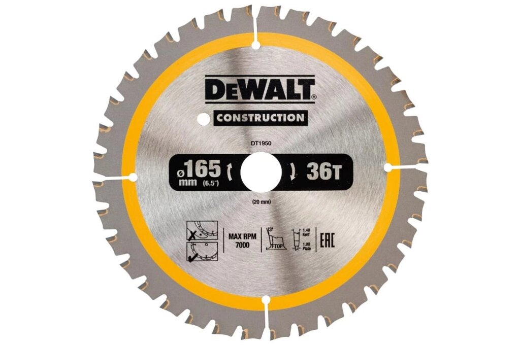 Диск пильный DeWalt, DT1950 CONSTRUCT 165/20 36 FTG +3° от компании Qural-Saiman - фото 1