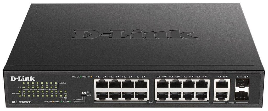 D-link DES-1018MPV2 Неуправляемый коммутатор с 16 портами 2 комбо-портами 100/1000Base-T/SF от компании Trento - фото 1