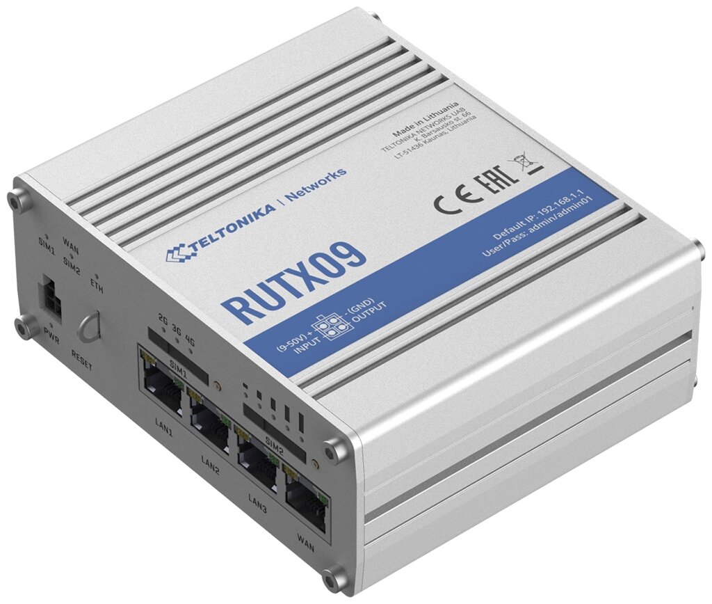 Маршрутизатор TELTONIKA/RUTX09 Промышленный/WAN 1xRJ45 1Gbps, 2xMiniSIM – 2FF 4G/LTE (Cat 6)/LAN 3(4) xRJ45 от компании Trento - фото 1