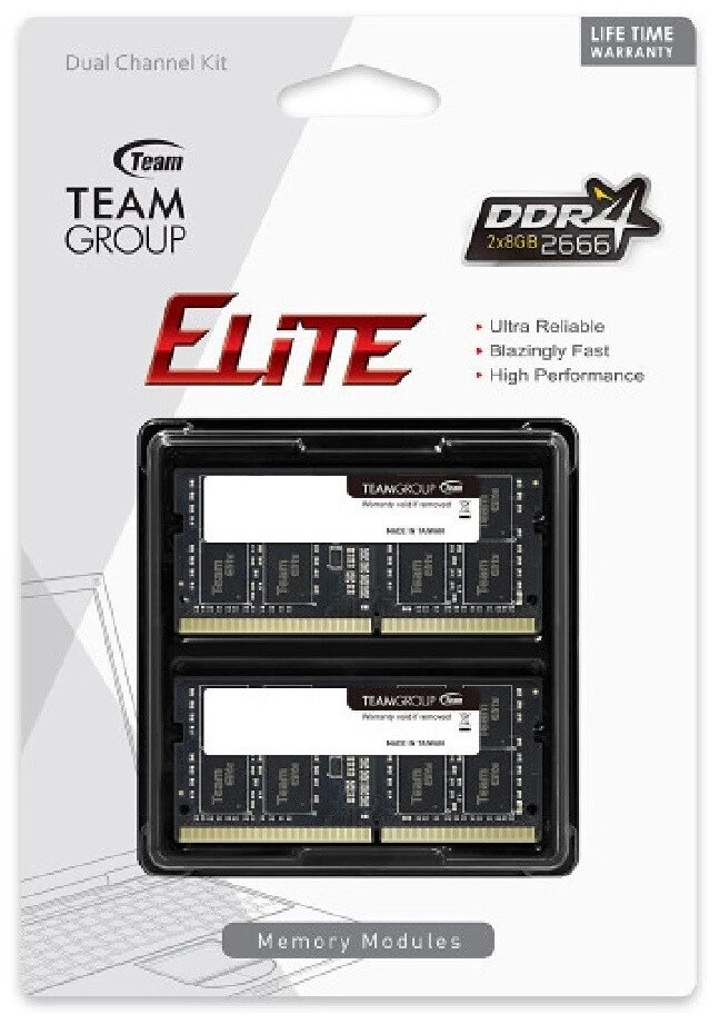 Оперативная память для ноутбука 16GB Kit (2x8GB) DDR4 2666Mhz Team Group ELITE PC4-21300 CL19 SO-DIMM от компании Trento - фото 1