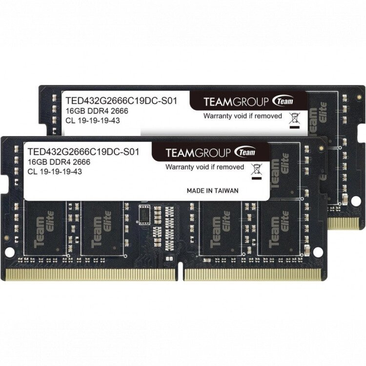 Оперативная память для ноутбука 32GB Kit (2x16GB) DDR4 2666Mhz Team Group ELITE PC4-21300 CL19 SO-DIMM от компании Trento - фото 1