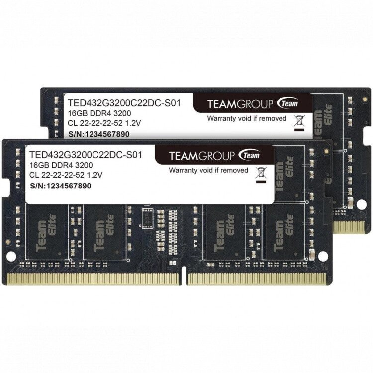 Оперативная память для ноутбука 32GB Kit (2x16GB) DDR4 3200Mhz Team Group ELITE PC4-25600 CL22 SO-DIMM от компании Trento - фото 1