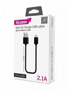 Кабель Olmio USB 2.0 - microUSB, 2м, 2.1A, черный