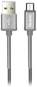 Кабель Olmio HD, USB 2.0 - microUSB, 1.2м, 2.1A, серый