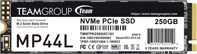 Твердотельный накопитель  250GB SSD TeamGroup MP44L M. 2 2280 PCIe4.0x4 NVMe R4650Mb/s, W1900MB/s от компании Trento - фото 1