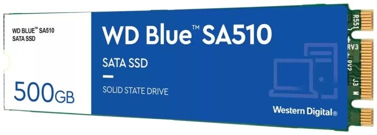 Твердотельный накопитель  500GB SSD WD BLUE SA510 M. 2 2280 SATA R560Mb/s W510M/s MTBF 1,5 млн. часов от компании Trento - фото 1