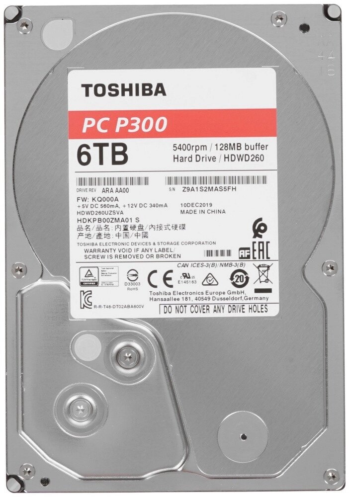 Жесткий диск HDD  6Tb TOSHIBA P300 SATA 6Gb/s 5400rpm 128Mb 3.5" HDWD260UZSVA от компании Trento - фото 1