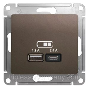 Glossa USB розетка A+с, 5в/2,4а, 2х5в/1,2 а, механизм, шоколад