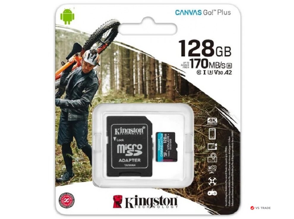 Карта памяти Kingston 128GB microSDXC Canvas Go Plus 170R/90W A2 U3 V30 Card + Adapter, SDCG3/128GB от компании turan - фото 1