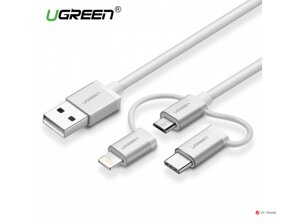 Переходник Ugreen US186 USB 2.0 A To Micro USB+Lightning+Type C (3 in 1) Cable Sliver 1.5M, 50203