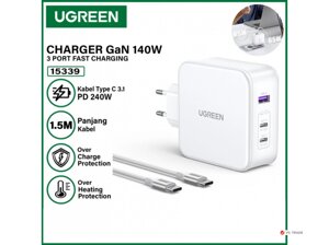 Зарядное устройство Ugreen CD289 Nexode 140W 3-Port PD GaN Fast Charger EU (White), 15339