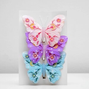 Бабочка для декора и флористики, на прищепке, пластиковая, микс, 1 шт., 11 х 8,5 х 1 см (комплект из 6 шт.)