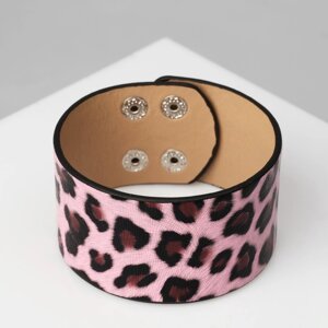 Браслет кожа 'Сафари' леопард, широкий, цвет чёрно-розовый, 23,5 см