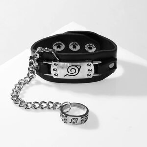 Браслет кожа 'Япония' ниндзя листа, кольцо 18 размер, цвет серебряно-чёрный