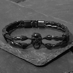 Браслет мужской 'Денджер' череп, цвет чёрный с чёрным металлом, 22 см