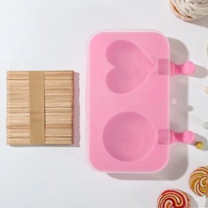 Форма для мороженого 'Позитив'силикон, 19,5x11x2,5 см, 2 ячейки, с крышкой и палочками (50 шт), цвет МИКС