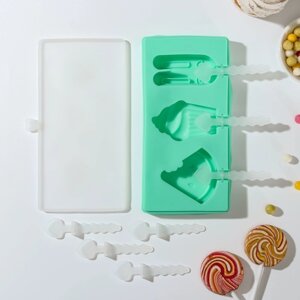 Форма для мороженого 'Сладость'силикон, 18,5x9,5x2 см, 3 ячейки, с крышкой и палочками, цвет МИКС