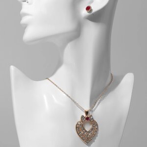Гарнитур 2 предмета серьги, кулон 'Сердце' леди, цвет розово-белый в золоте, 48 см