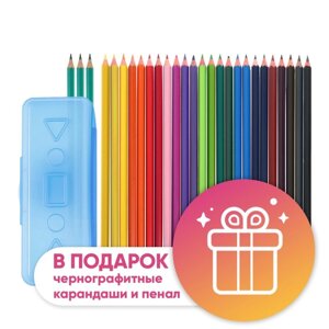 Карандаши 24 цвета Calligrata, ЭКОНОМ, заточенные, шестигранные, пластиковые, пенал-футляр и 3 чернографитных карандаша