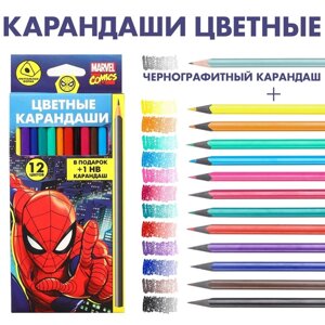 Карандаши цветные 12 цветов + чернографитный карандаш 'Супер-мен'Человек- паук