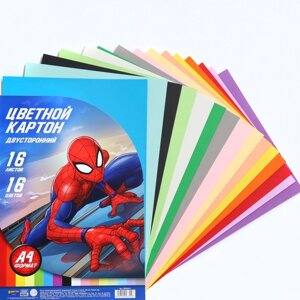 Картон цветной тонированный, А4, 16 листов, 16 цветов, немелованный, двусторонний, в пакете, 180 г/м, Человек-паук
