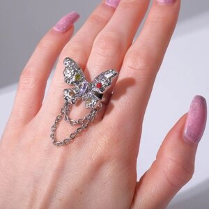 Кольцо 'Бабочка' с цепочкой, цветное в серебре, безразмерное