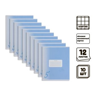 Комплект тетрадей из 10 штук, 12 листов в клетку Calligrata 'Пятерка. Синяя'обложка мелованный картон, ВД-лак, офсет