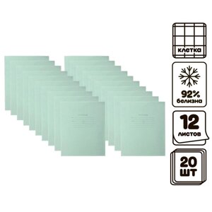 Комплект тетрадей из 20 штук, 12 листов в клетку КПК 'Зелёная обложка'блок офсет, белизна 92