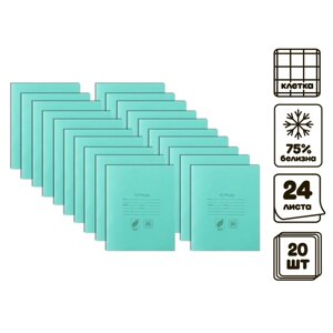 Комплект тетрадей из 20 штук, 24 листа в клетку КПК 'Зелёная обложка'60 г/м2, блок 2, белизна 75 (серые листы)