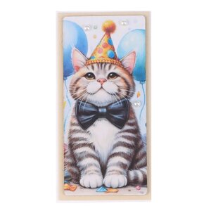 Конверт для денег 'С Днём Рождения! кот с колпаком, ручная работа, 16х8 см