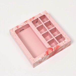 Коробка под 8 конфет + шоколад, с окном , розовые цветы, 17,7 х 17,85 х 3,85 см (комплект из 5 шт.)