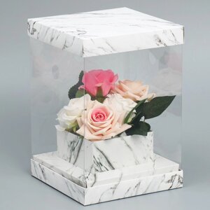 Коробка подарочная для цветов с вазой и PVC окнами складная, упаковка, Мрамор'16 х 23 х 16 см