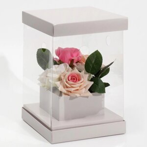 Коробка подарочная для цветов с вазой и PVC окнами складная, упаковка, Серая'16 х 23 х 16 см