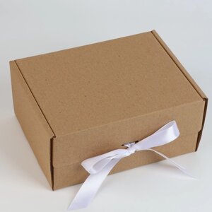 Коробка подарочная складная, упаковка, Крафт, белая лента'22 х 16.5 х 10 см