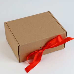Коробка подарочная складная, упаковка, Крафт, красная лента'22 х 16.5 х 10 см
