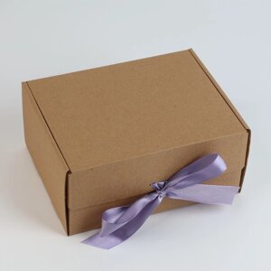 Коробка подарочная складная, упаковка, Крафт, лавандовая лента'22 х 16.5 х 10 см